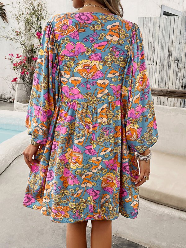 New V - neck loose casual full - body printed dress - Casual Dress
